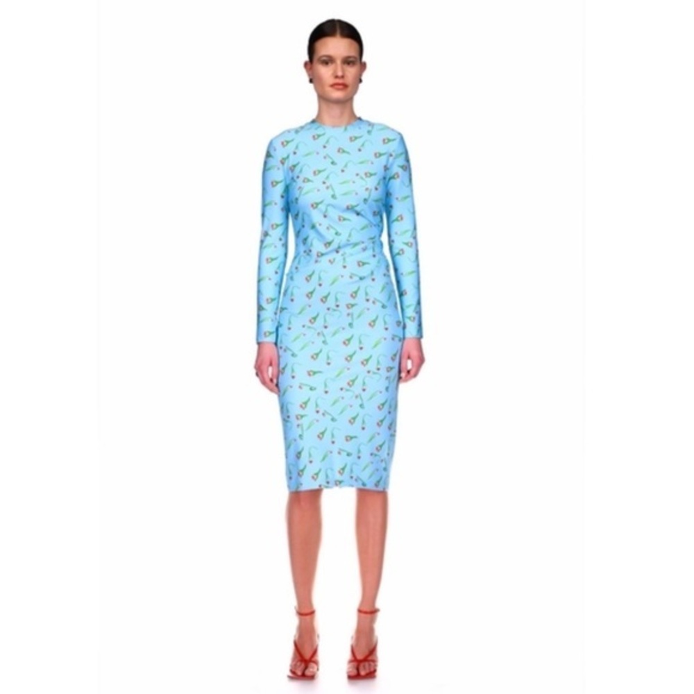 Jonathan Cohen blue floral, long sleeve, twist side, midi dress. L